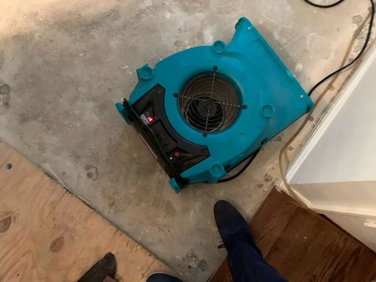 Air mover drying subfloor during Commercial Water Damage Restoration in Coxsackie